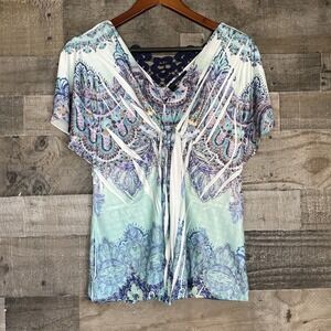 Style & Co Women's Top Size XS Short Sleeve Blue Gathered Bust‎ Floral Lace Back